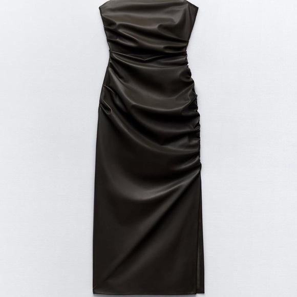 ZARA ~ Black Strapless Faux Leather Dress in Sage - Picture 5 of 13